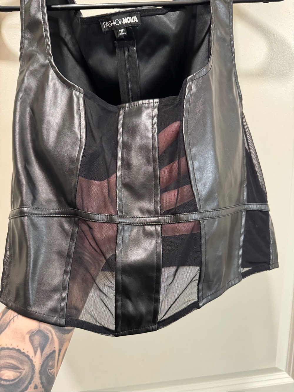 Fashion Nova Black Faux Leather and Mesh Crop Top